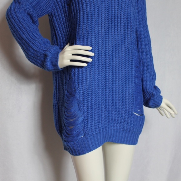 Cut Out Shoulder Distressed Oversized Sweater Dress - Picture 2 of 4